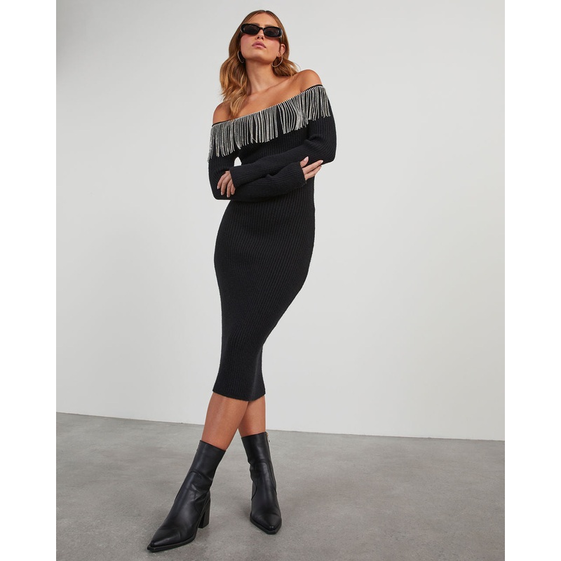 Dante Off The Shoulder Rhinestone Fringe Midi Dress
