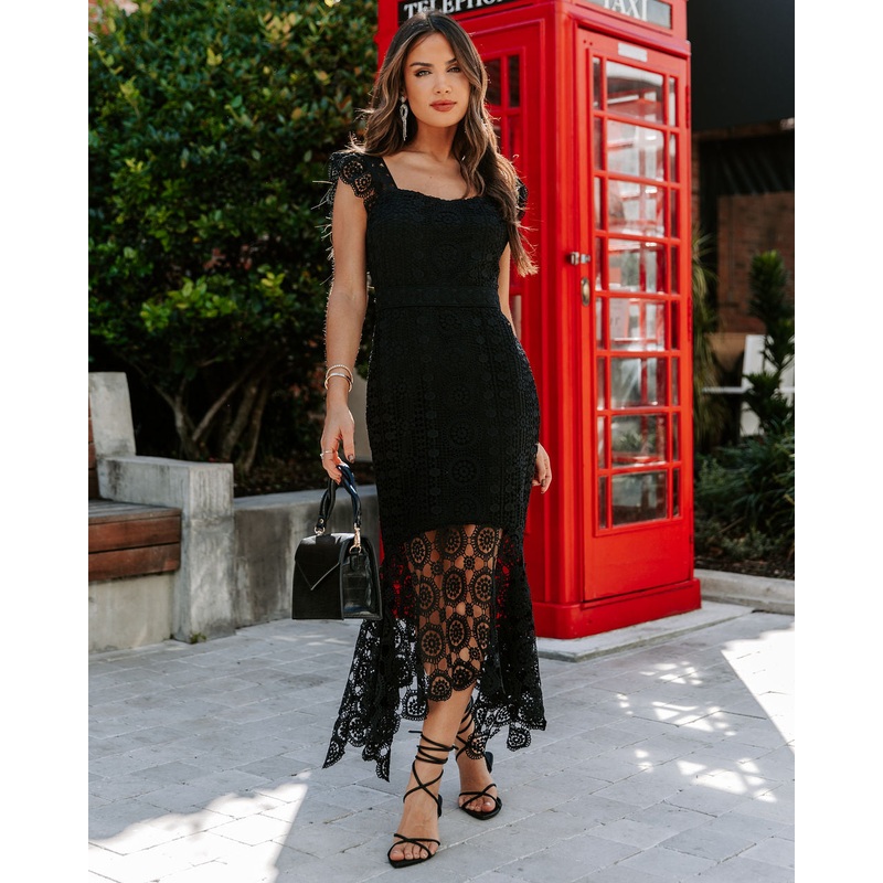 Dare To Be You Crochet Lace Ruffle Midi Dress