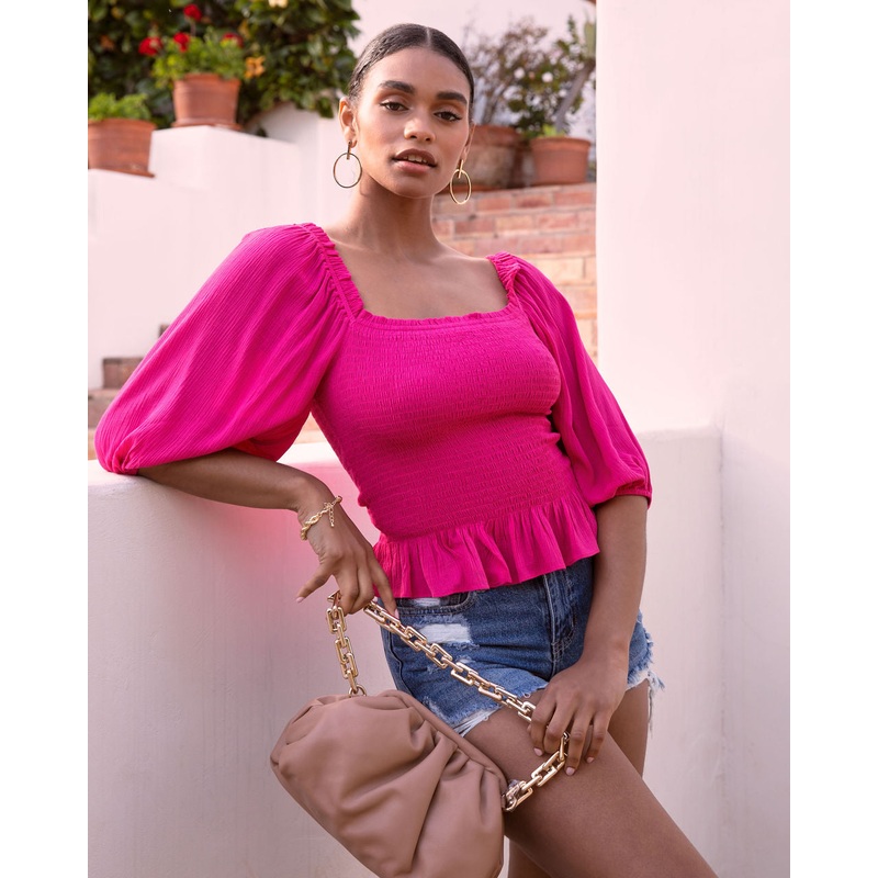 Devin Smocked Peplum Top|Hot Pink|S|M|L