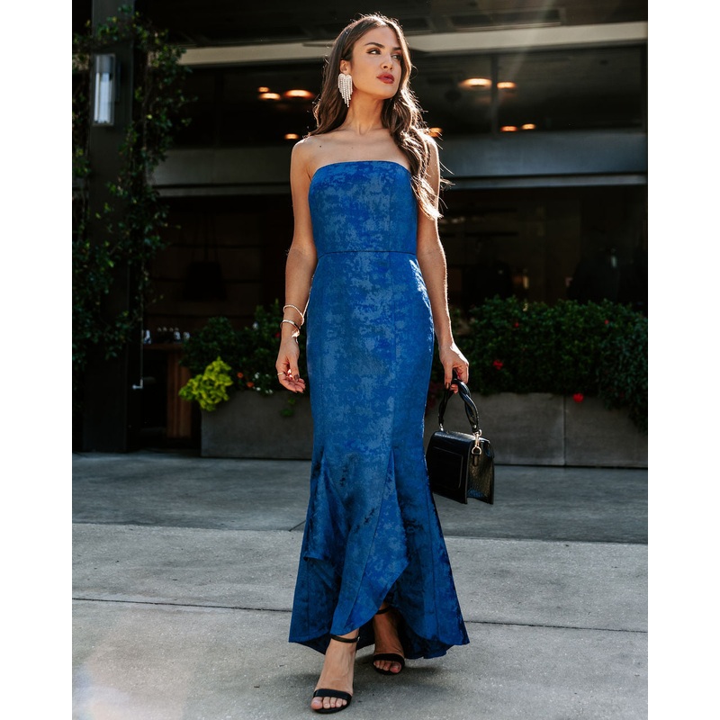 Elliana Strapless Embossed Ruffle Maxi Dress