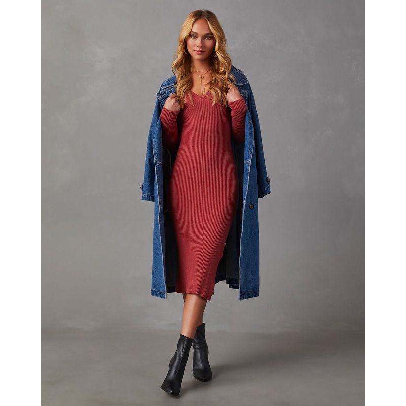 Fireside Romance Ribbed V-Neck Sweater Dress