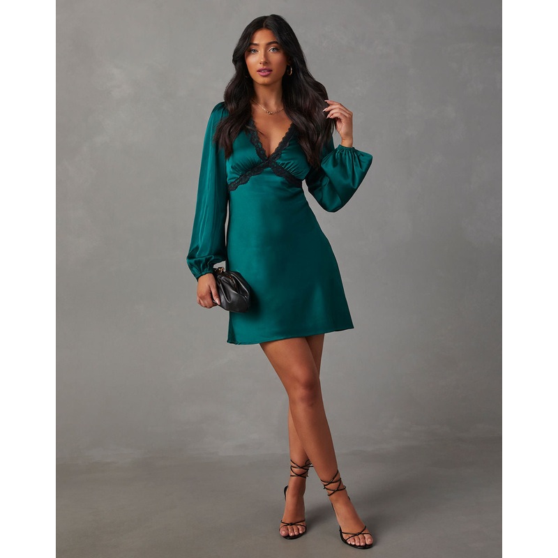 Jazzy Satin Lace Trim Long Sleeve Mini Dress