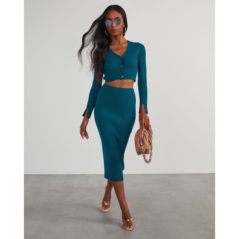 Jillian Ribbed Midi Skirt|Teal|XS|S|M|L|XL
