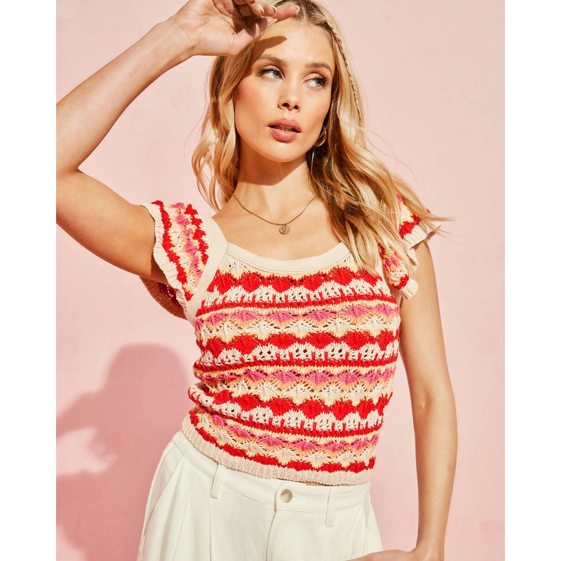 Josephine Cotton Crochet Knit Flutter Sleeve Top