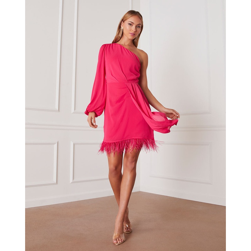 Las Vegas One Shoulder Fringe Trim Mini Dress
