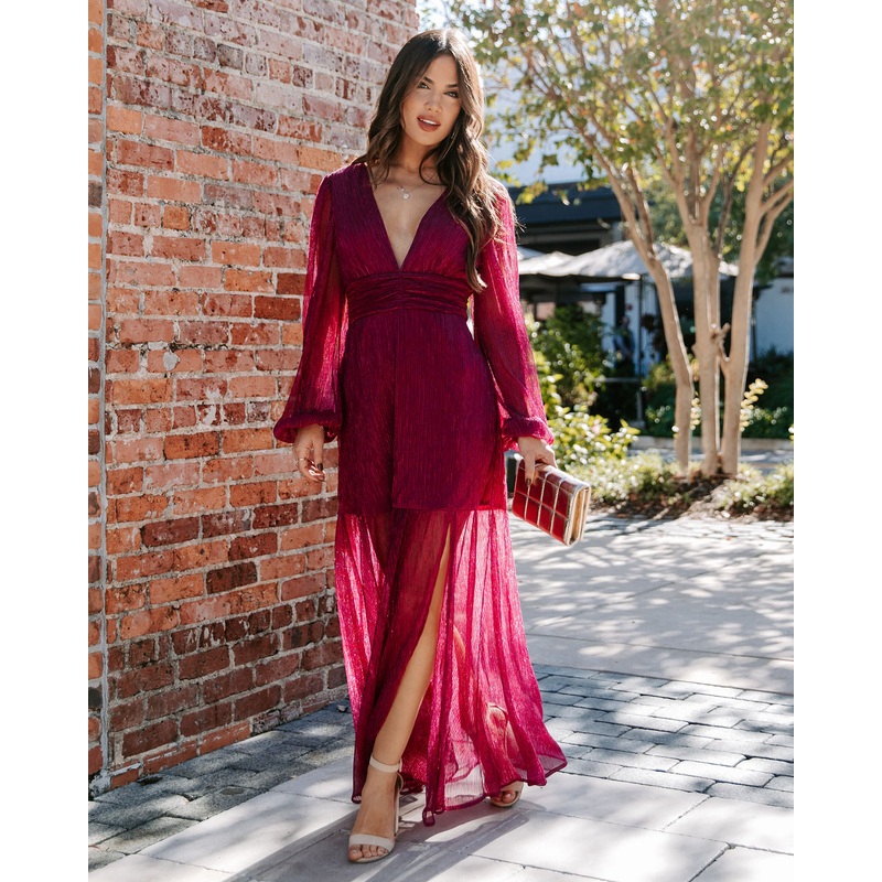 Loretta Plisse Metallic Balloon Sleeve Maxi Dress