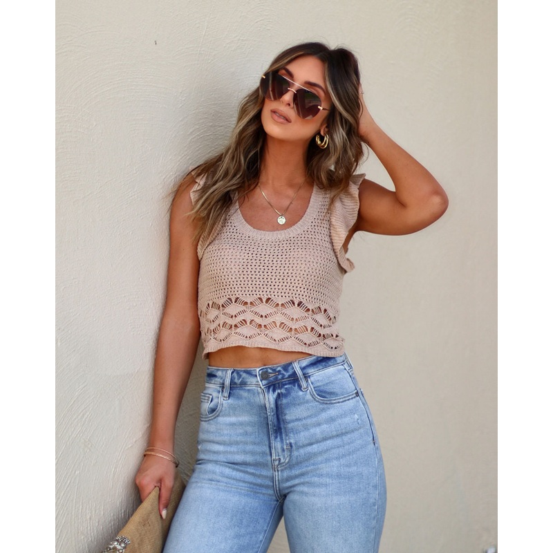 Maris Ruffle Sleeve Crochet Knit Top