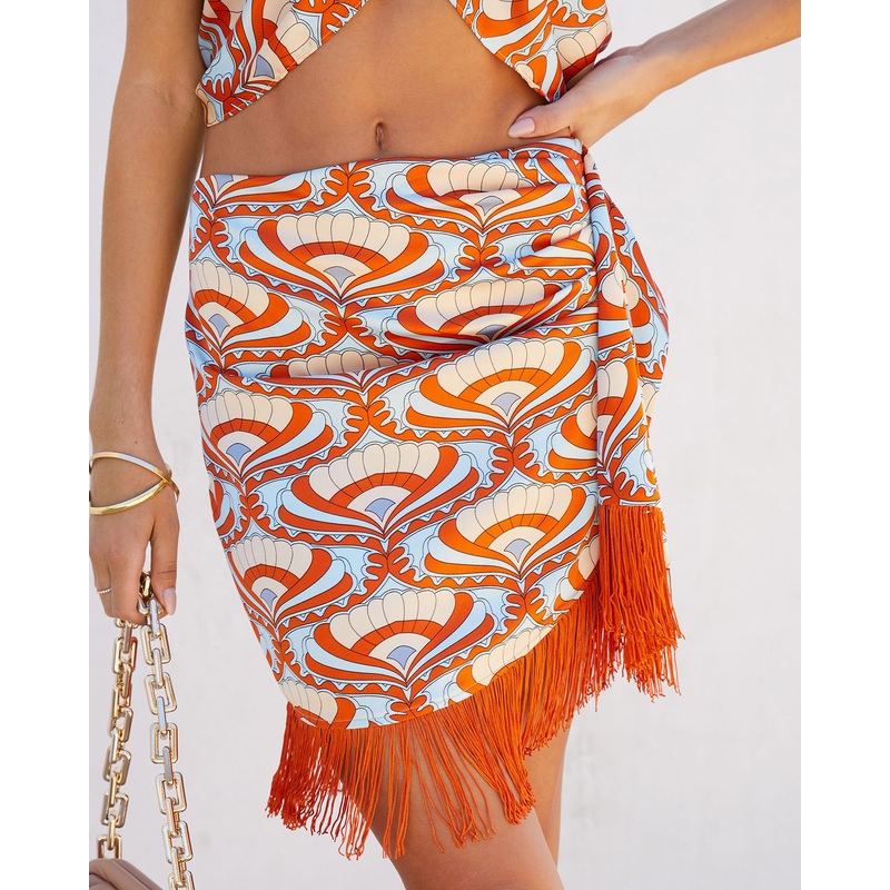 Nile Satin Printed Fringe Hem Mini Skirt