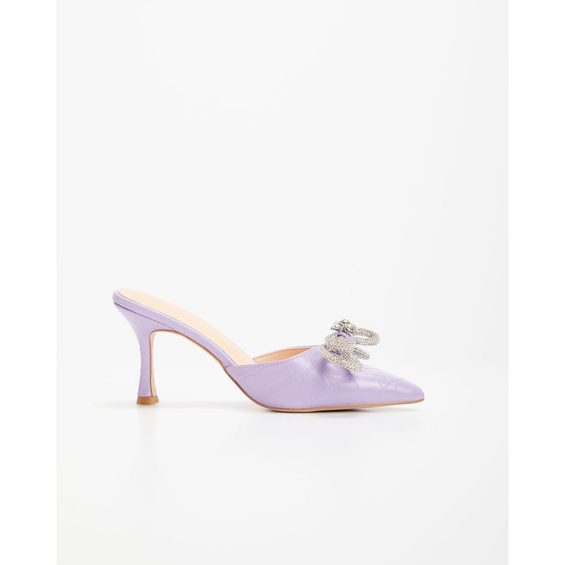 Ophelia Croc Embossed Crystal Embellished Bow Mule Heels