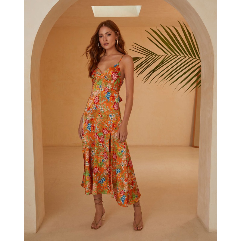 Valora Satin Slip Midi Dress|Orange|XS|S|M|L|XL