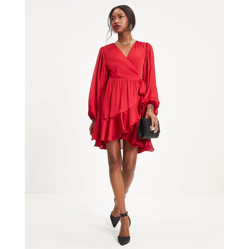 Whitney Satin Wrap Ruffle Mini Dress
