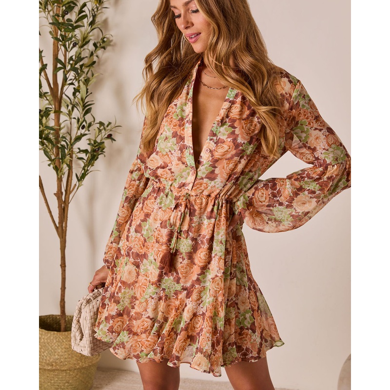 Allenah Drawstring Mini Dress|Salmon Multi|S|M|L