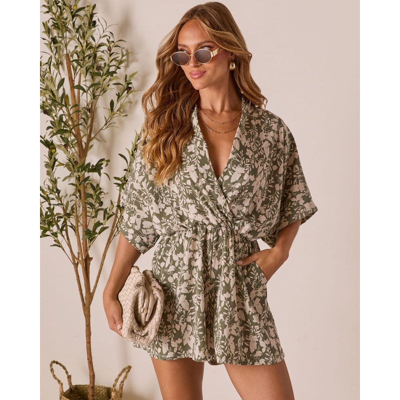Barely Bloom Surplice Romper|Olive|XS|S|M|L|XL