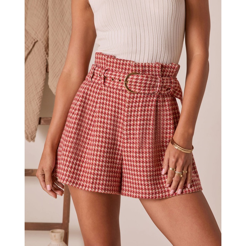 For The Record Houndstooth Belted Shorts