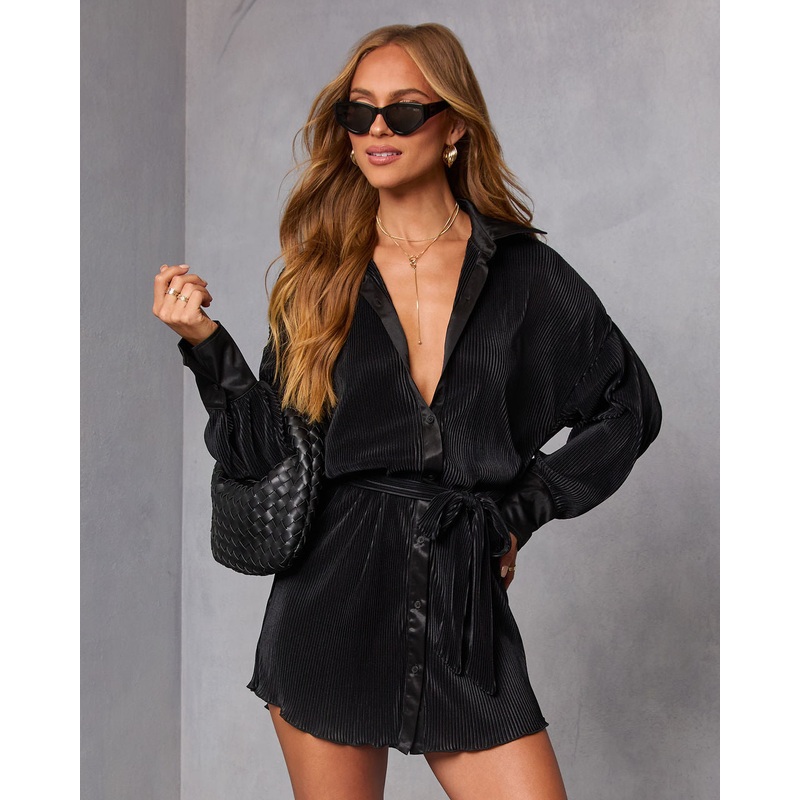 Aster Plisse Button Down Shirt Dress