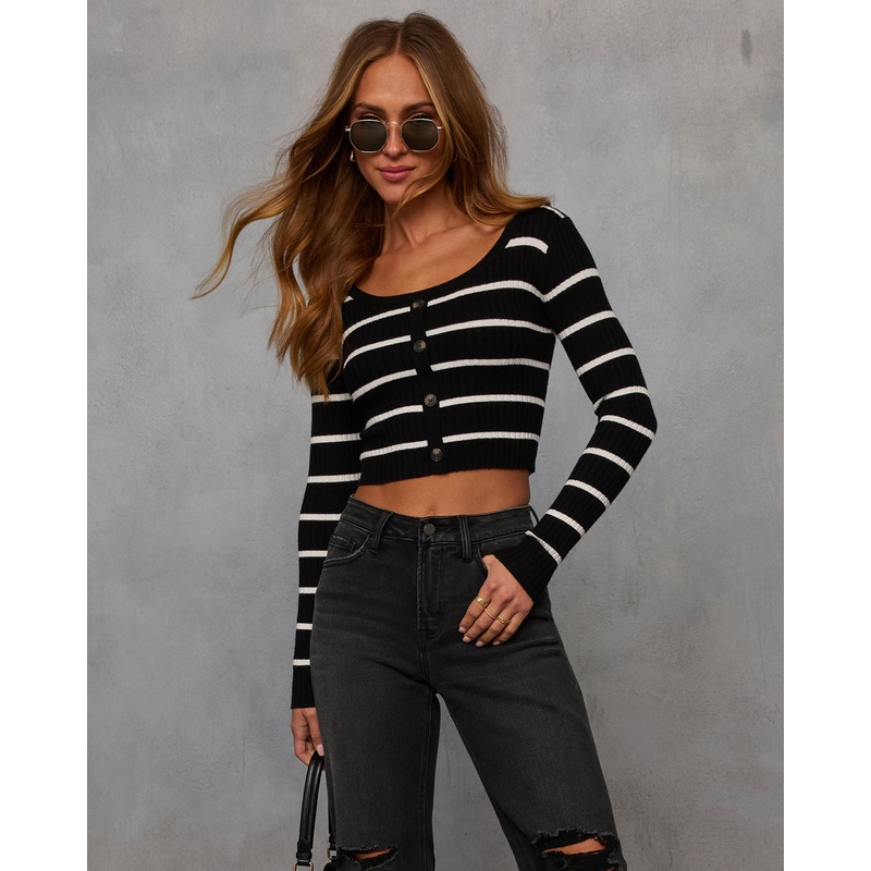Desi Striped Ribbed Knit Long Sleeve Top