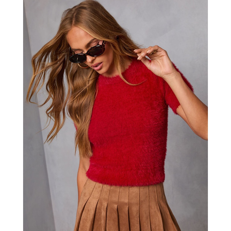 Emanuelle Fuzzy Short Sleeve Sweater Top
