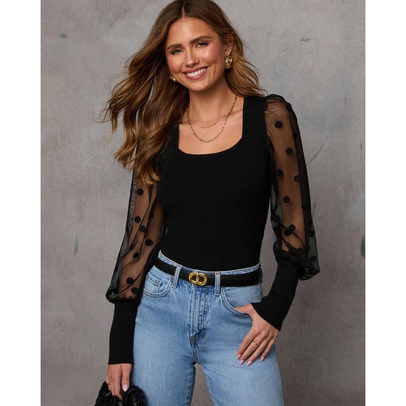 Mina Contrast Polka Dot Sleeve Knit Top