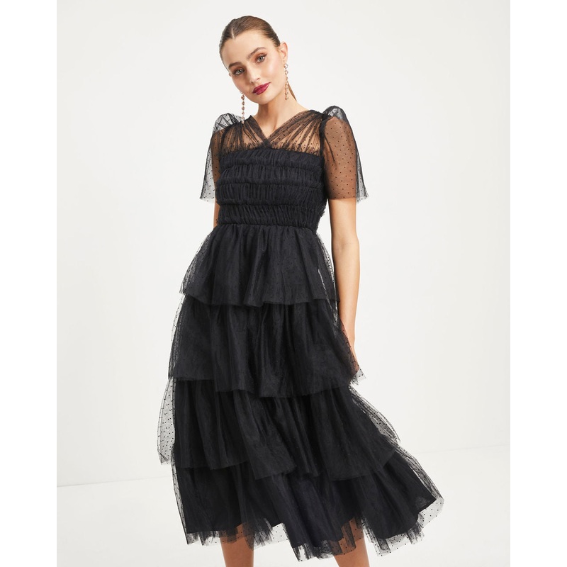 Night At The Opera Tulle Tiered Polka Dot Maxi Dress