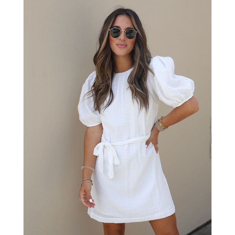 Pure Sweetness Textured Puff Sleeve Tie Waist Mini Dress
