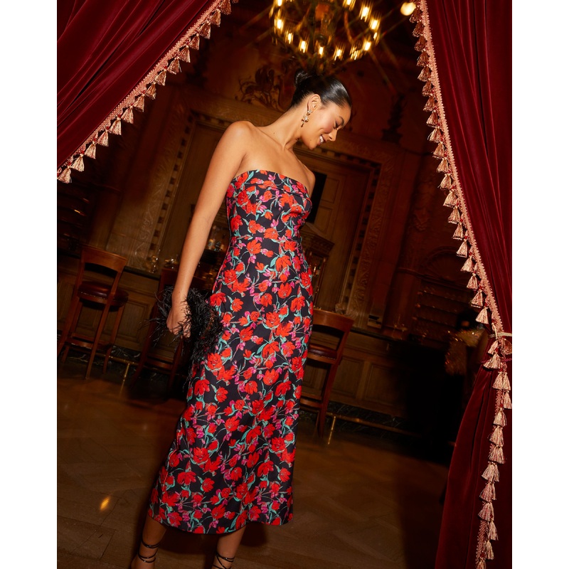 Thalia Strapless Floral Midi Dress