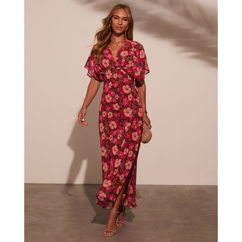 Theia Satin V-Neck Maxi Dress|Rose|Magenta|Blue|Green|Hot Pink|XS|S|M|L|XL
