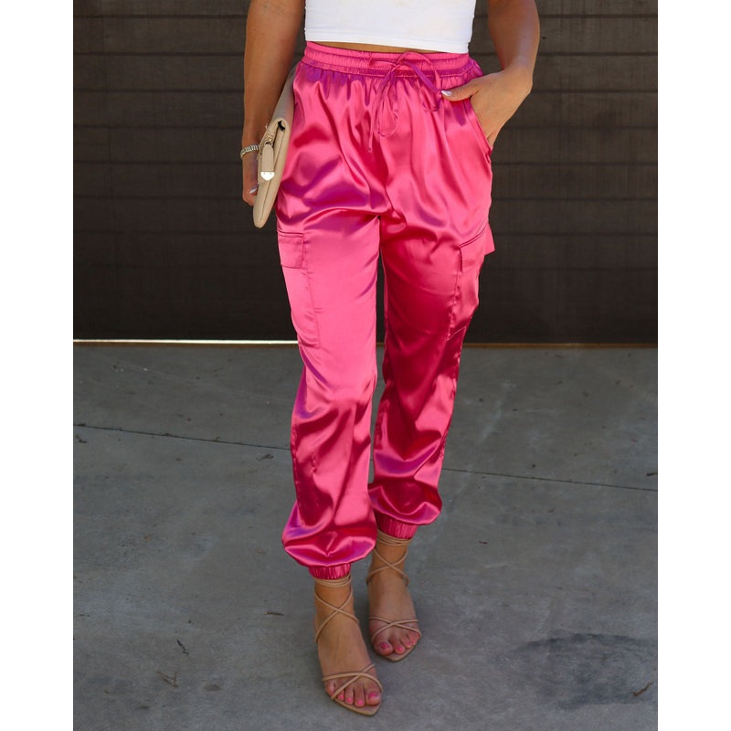Athena Satin Cargo Pants|Pink|Cobalt|Black|Champagne|S|M|L