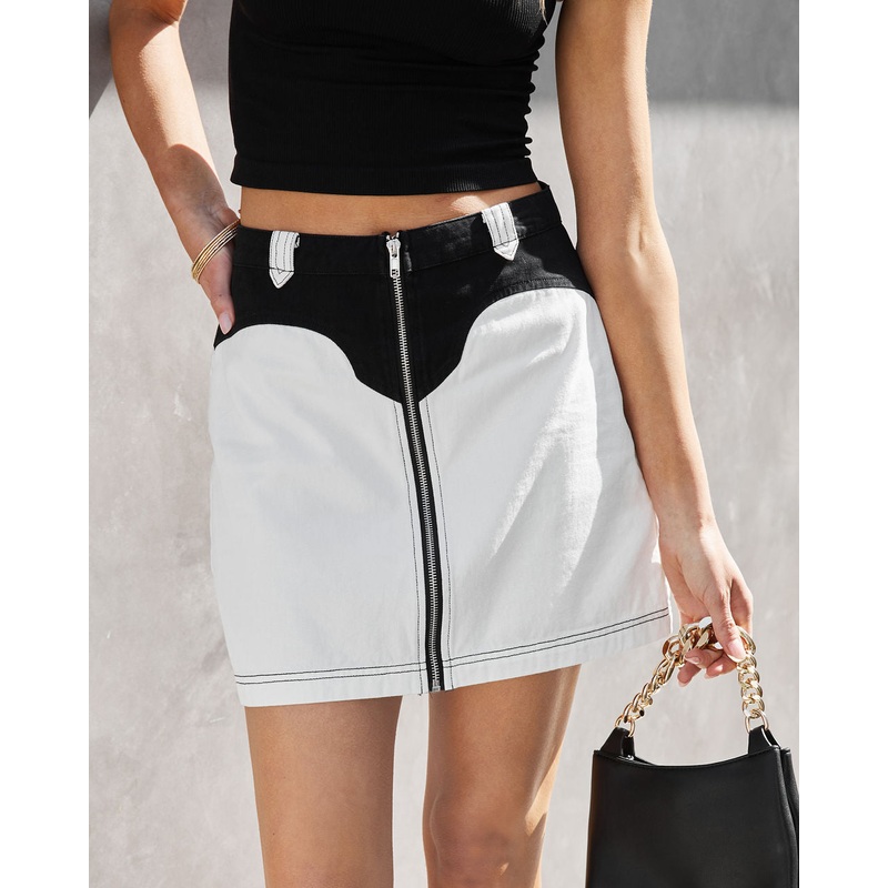 Houston Denim Colorblock Front Zip Mini Skirt