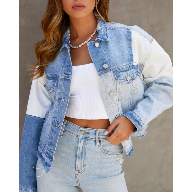 Justification Patchwork Denim Frayed Hem Jacket