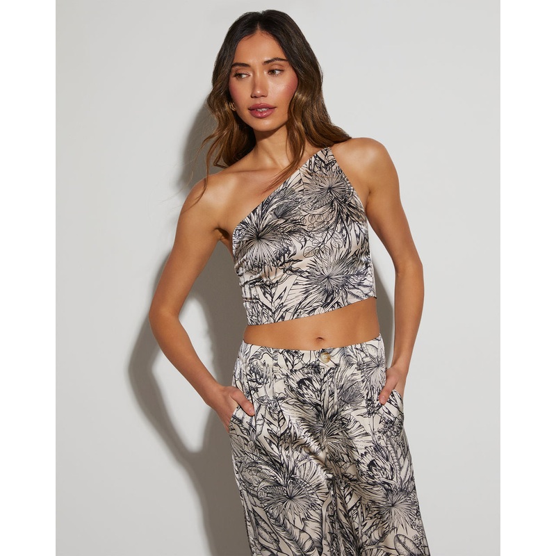 Kaia Tropical Satin One Shoulder Top