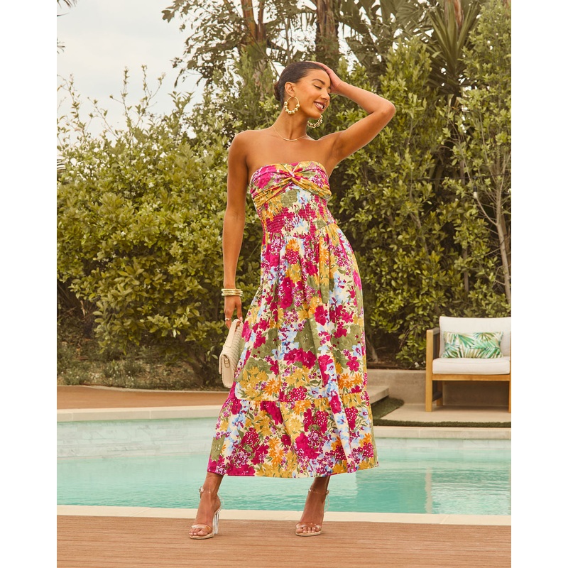 Lynelle Strapless Floral Smocked Midi Dress