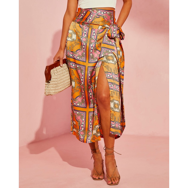 Manique Satin Printed Side Tie Midi Skirt