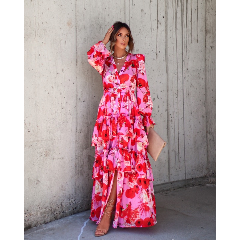 Mon Cheri Floral Chiffon Tiered Belted Maxi Dress