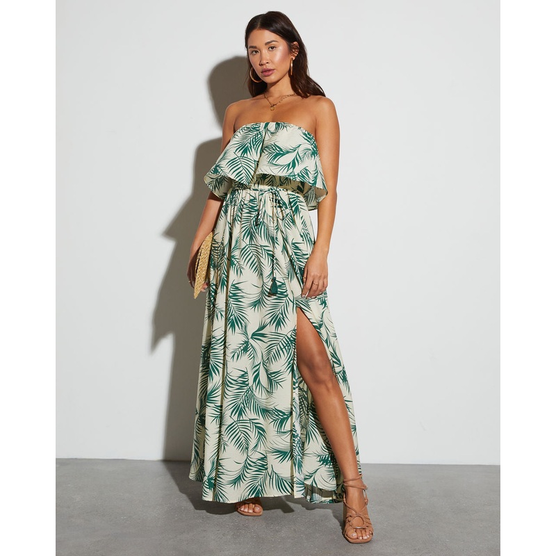 Swaying Palms Strapless Empire Maxi Dress