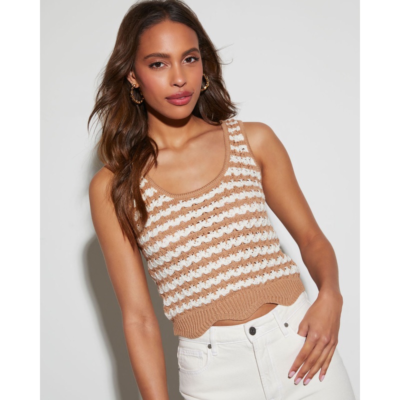Appreciate You Knit Cotton Blend Striped Scalloped Hem Tank
