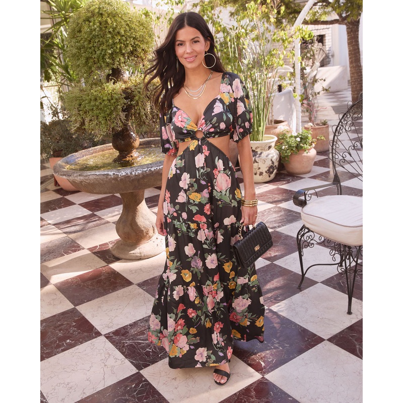 Cambria Satin Floral Puff Sleeve Maxi Dress