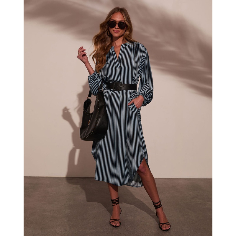 Dimarco Striped Pocketed Belted Midi Dress