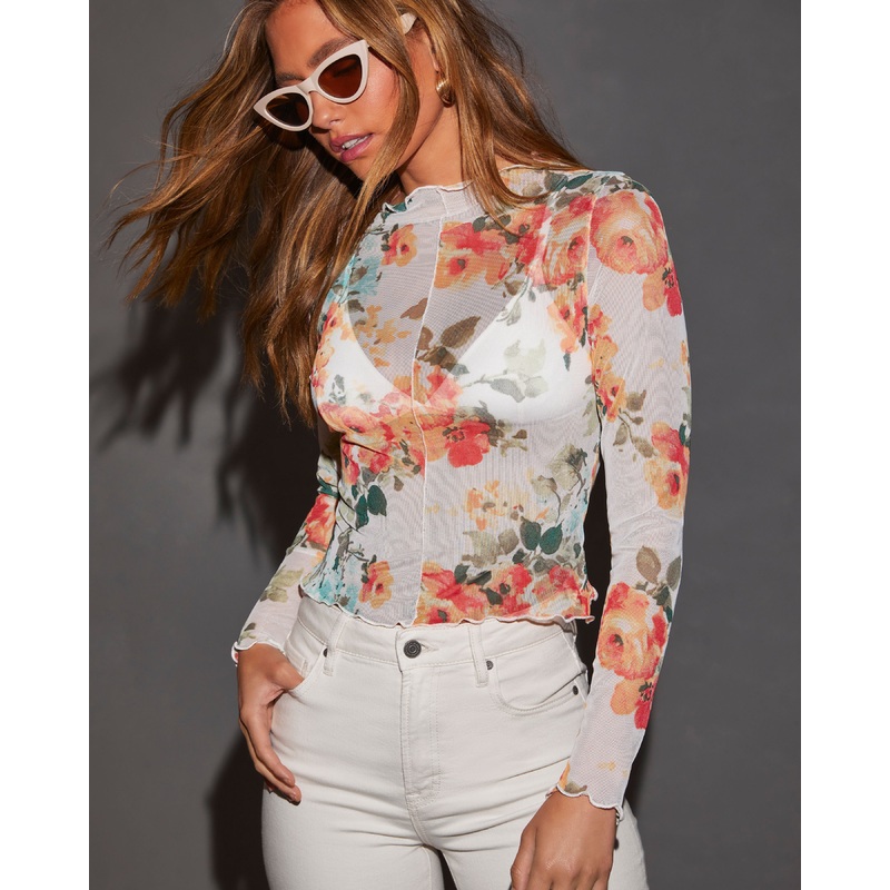 Feeling Good Sheer Floral Lettuce Hem Top