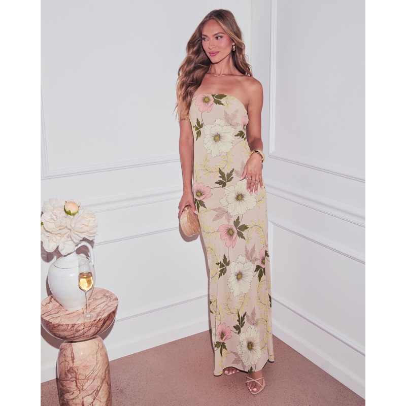 Jodie Printed Strapless Satin Midi Dress