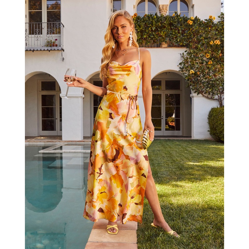 Kalista Printed Tie Waist Satin Maxi Dress