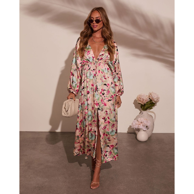 Korina Satin Printed Kimono Empire Waist Maxi Dress