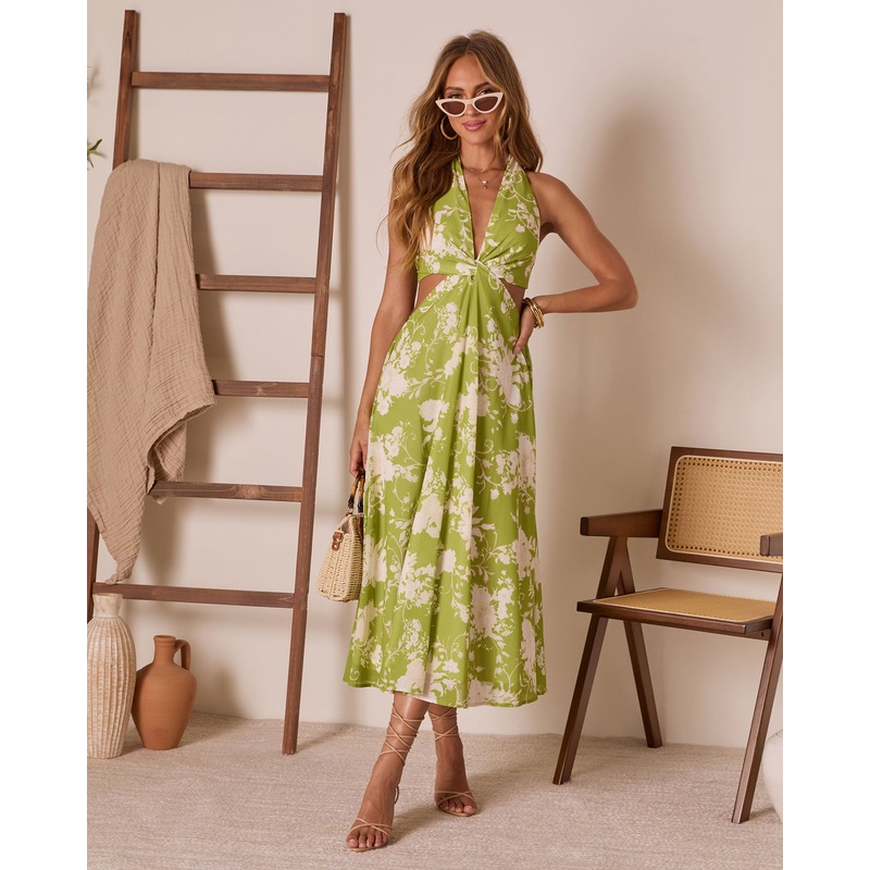 Newport Printed Halter Neck Cutout Midi Dress