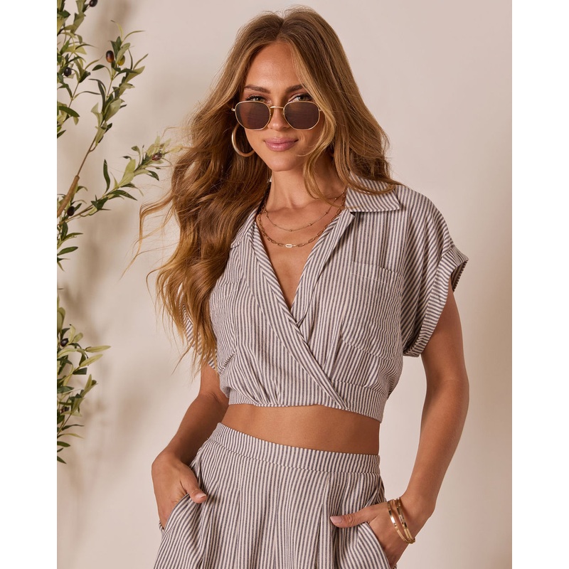 Thea Striped Short Sleeve Wrap Crop Top
