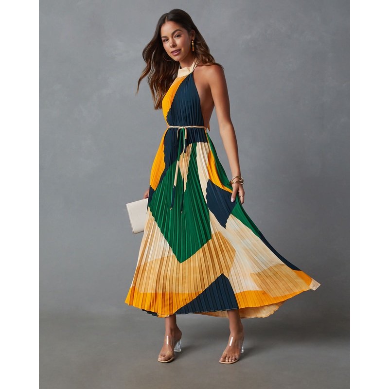 Cheyenne Abstract Pleated Halter Midi Dress