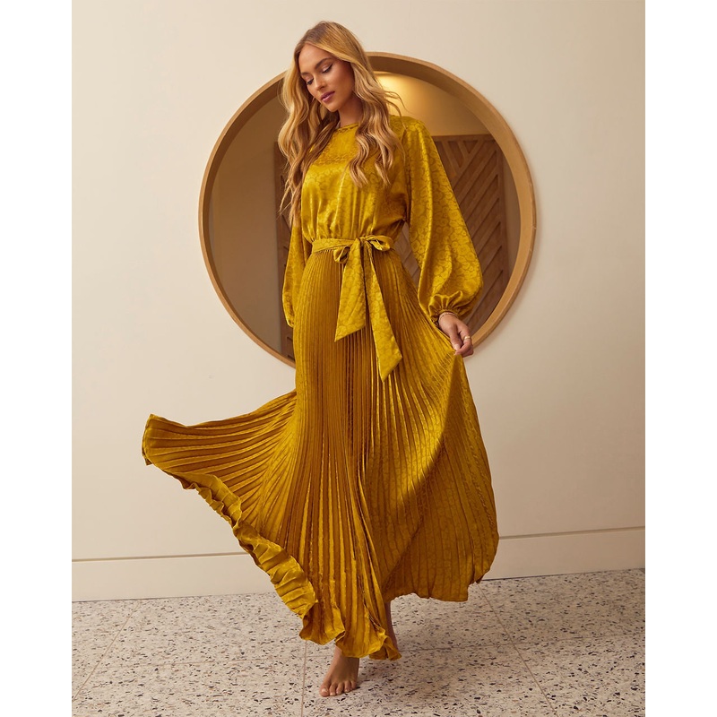 Fairytale Satin Pleated Tie Waist Maxi Dress