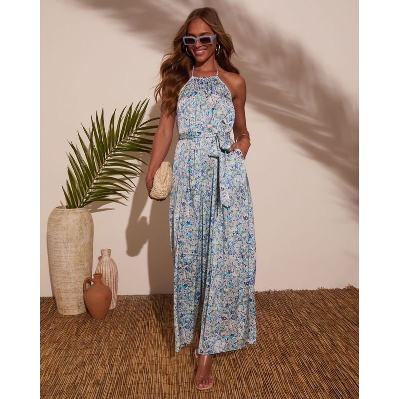 Holtz Satin Printed Halter Jumpsuit