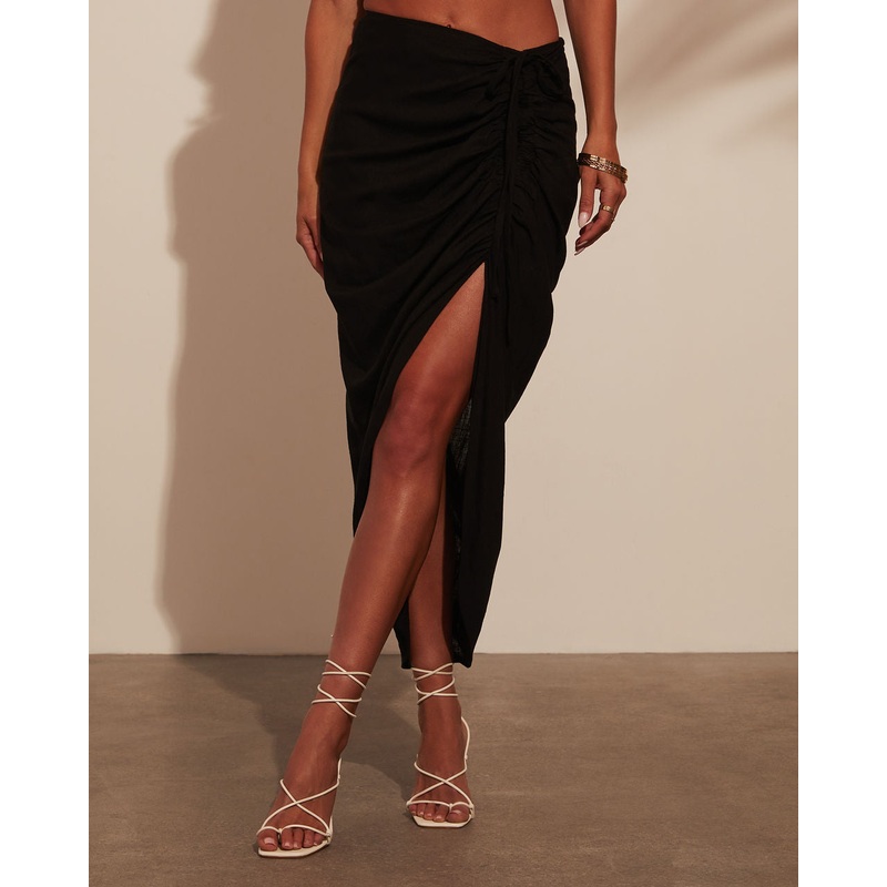 Nicoletta Ruched Midi Skirt|Black|Oatmeal|S|M|L