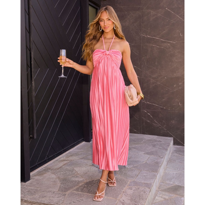 Raise A Toast Satin Plisse Halter Maxi Dress
