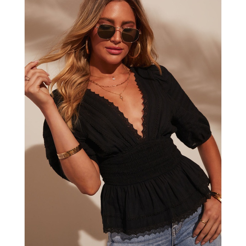 Hadlee V Neck Peplum Blouse|Black|Cream|XS|S|M|L|XL