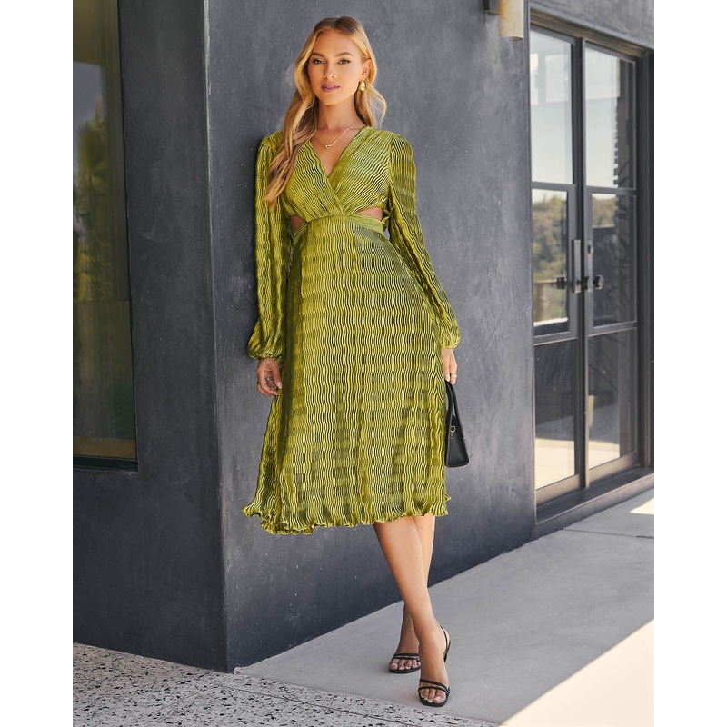 Lorraine Satin Cutout Plisse Midi Dress